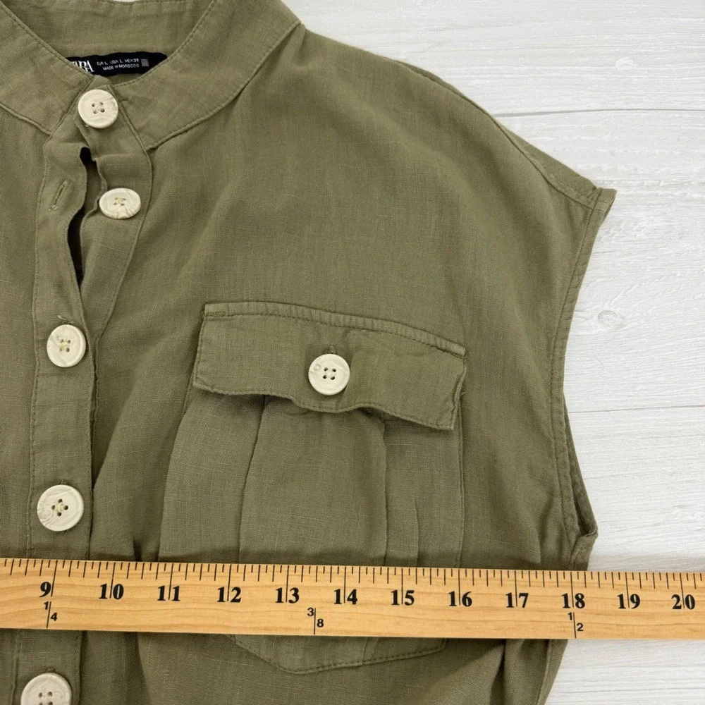 Zara Utility Jumpsuit Women L Olive Green Linen Blend Belted Short Sleeve Safari